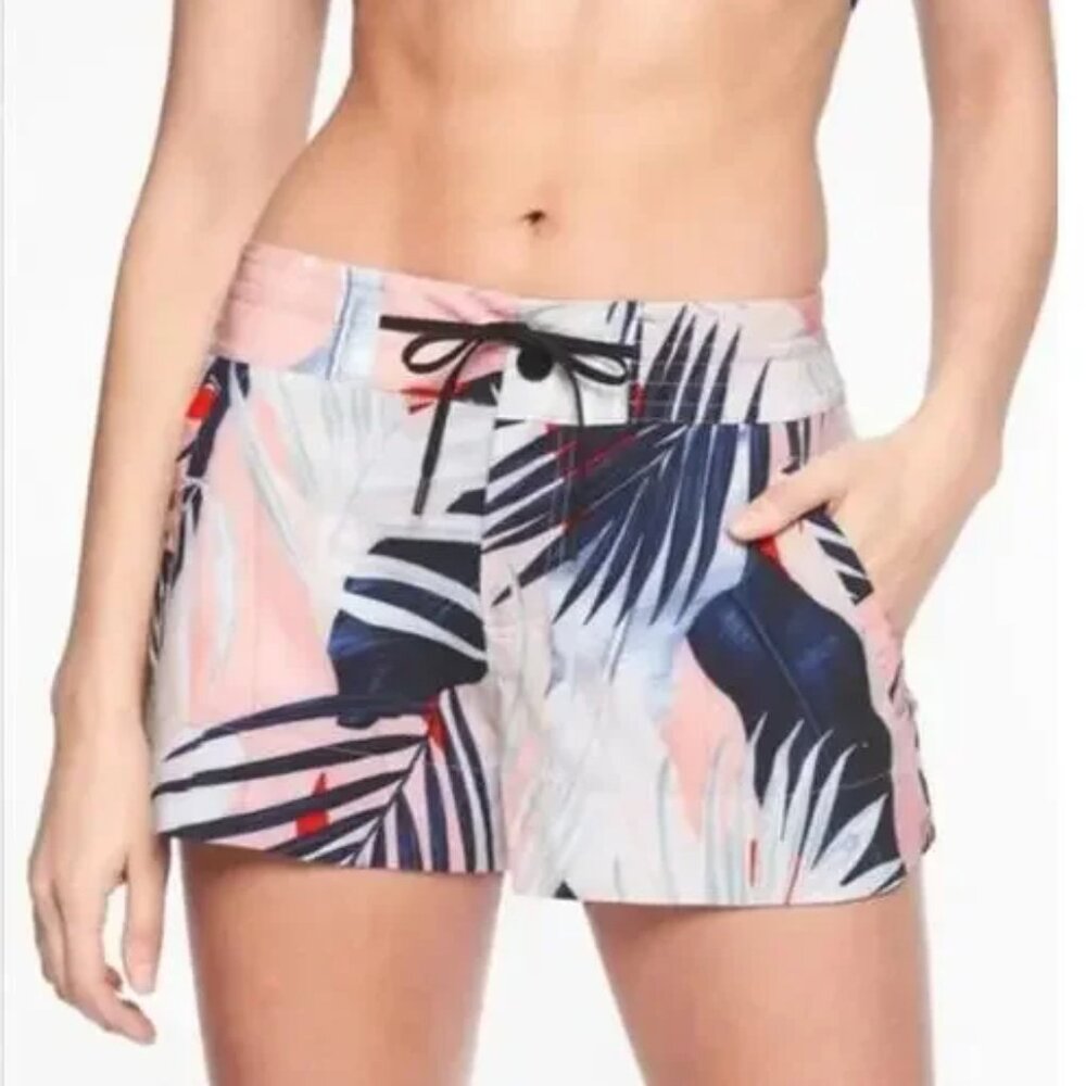 Women's Tropical Print Pink & Navy Drawstring Board Shorts